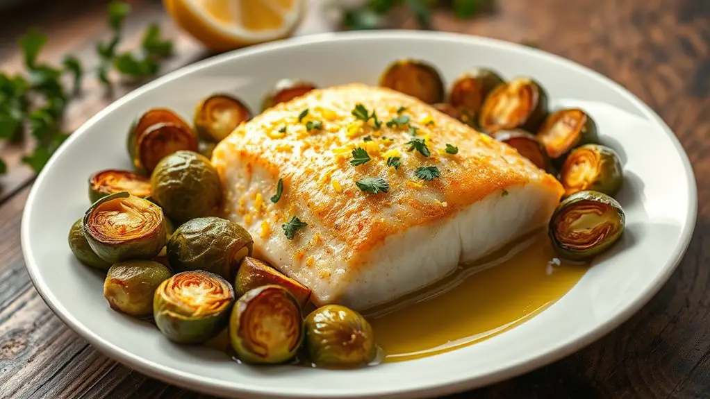 baked halibut and sprouts