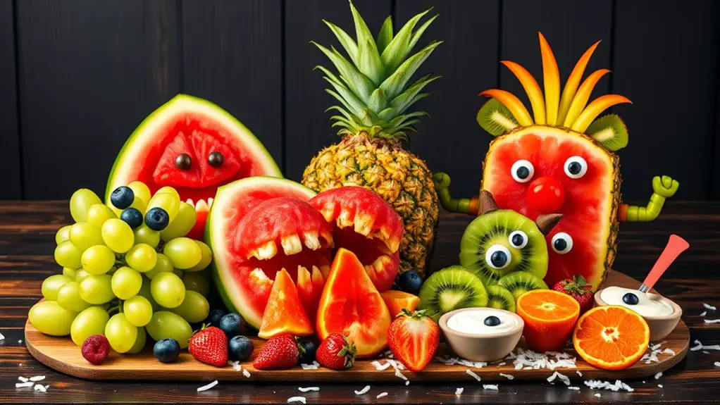 colorful halloween themed fruit arrangement