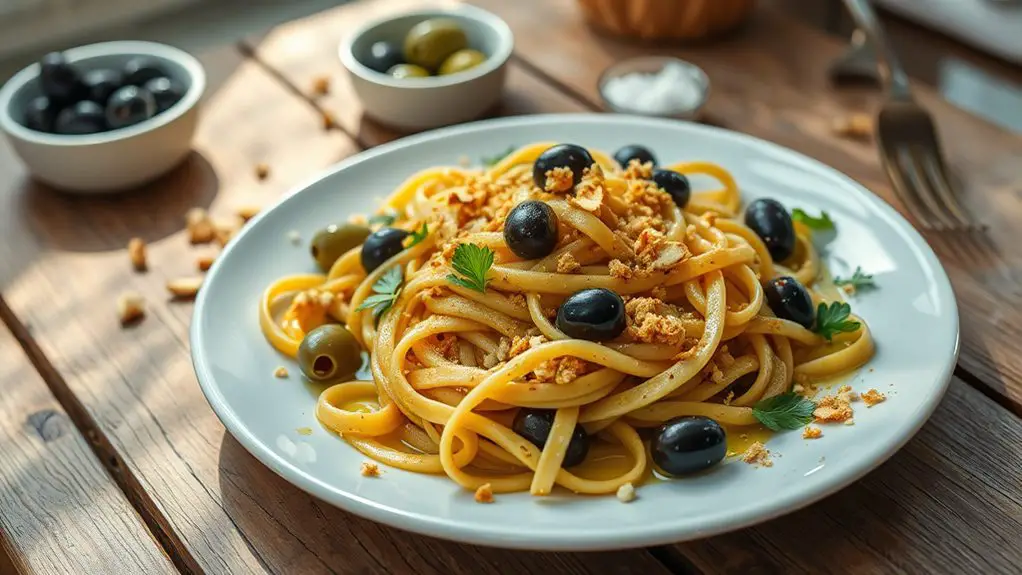 olive breadcrumb linguine dish