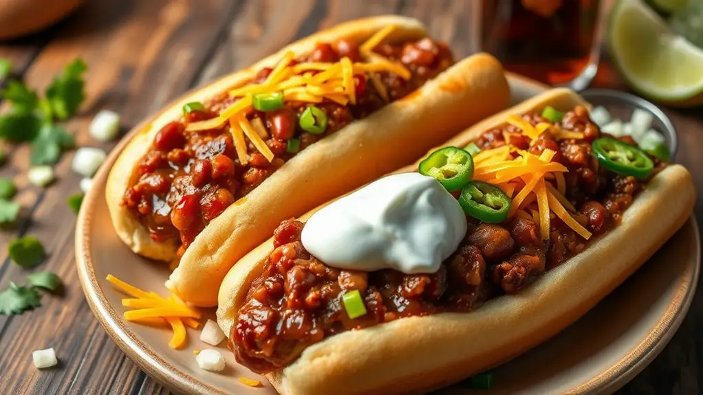 spicy topped hot dogs